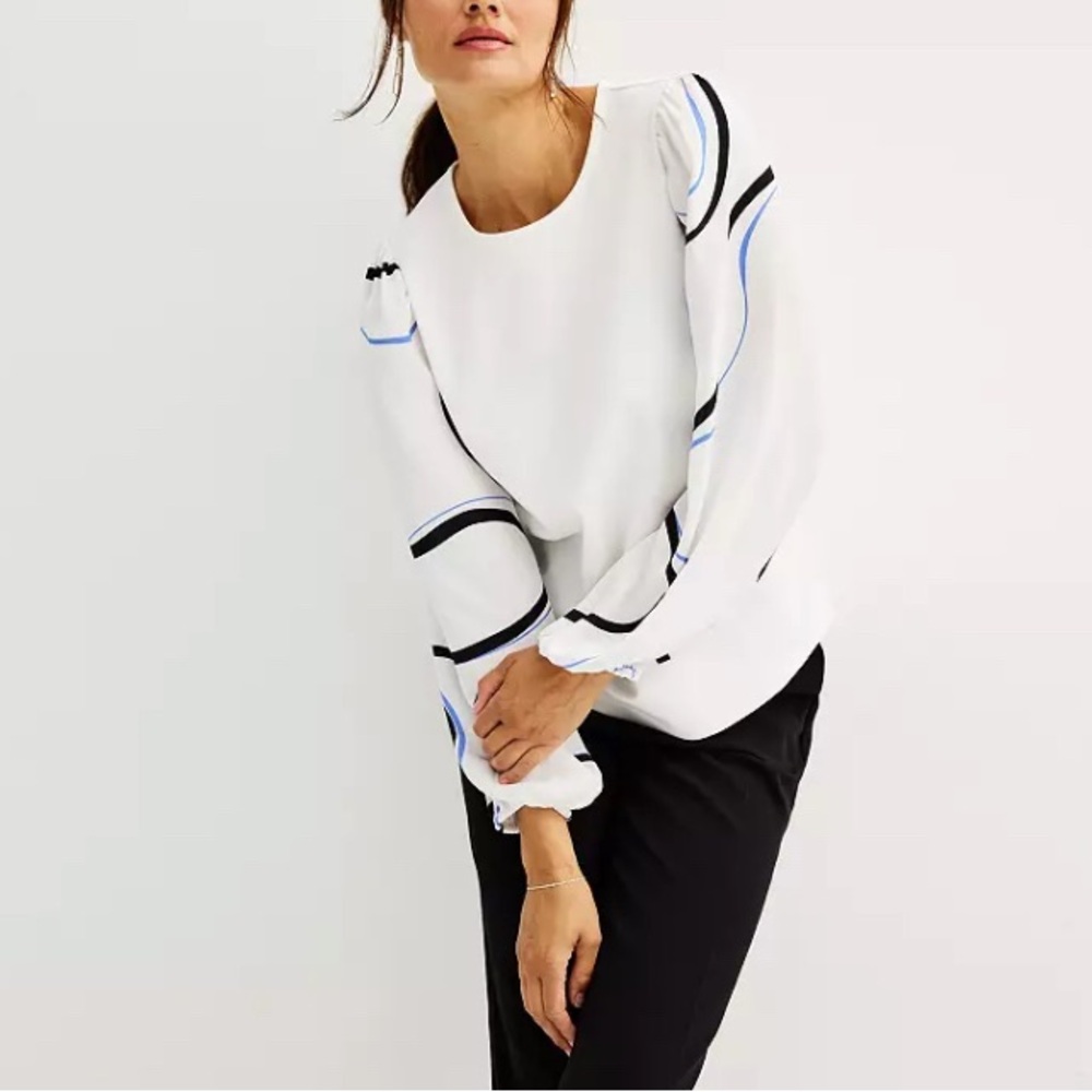 Women's Nine West Puff-Sleeve Mixed Media Top Color: White Knight Size: MEDIUM